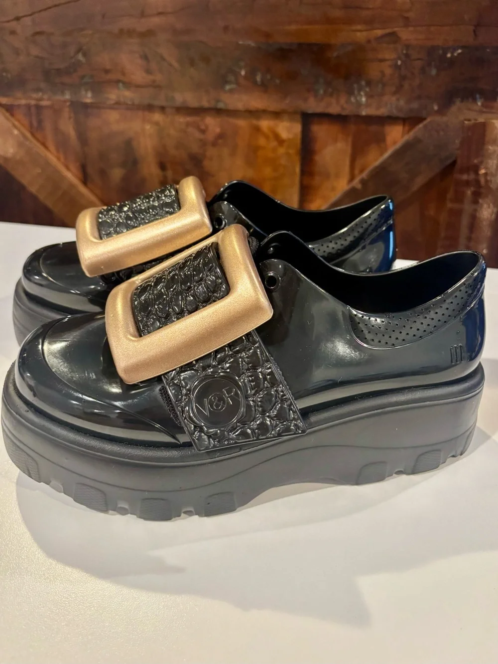 Melissa Black Patent Loafers with Bronze Square Buckle